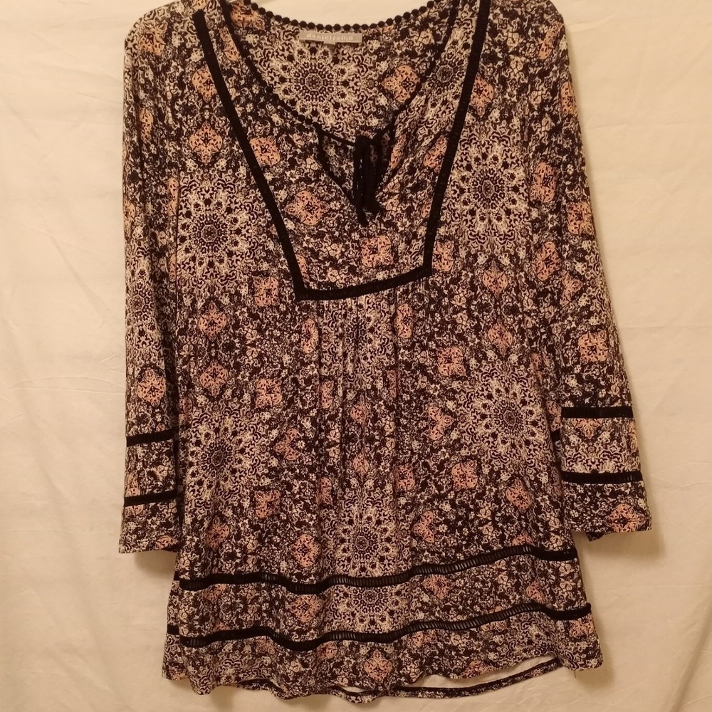 Daniel Rainn Boho Medallion Print Peasant Blouse Black Peach Pom Pom Trim Medium